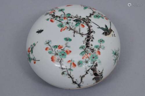 Porcelain seal paste box. China. 19th century. Famille Verte decoration of birds, butterflies and flowering trees. K'ang Hsi mark. 4-1/2
