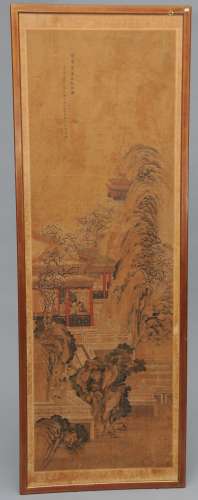 Scroll painting. China. Tao Kuang period. (1820-1850). Ink and colours on paper. Signed and with two seals. Framed. Scene of a woman in a palace garden. 57