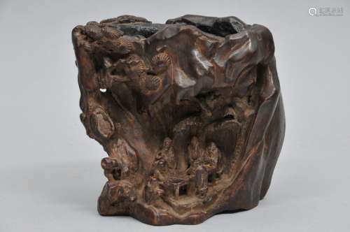 Agarwood Brush holder. China. 18th century. Carved with scholars in a mountain grotto. 5