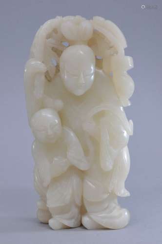 Jade carving. China. 19th century. Yellow-white stone. Figure of the immortal Lan Tsai with her basket of flowers accompanied by an attendant holding a peach. Ling Chih at the back. 7-1/4