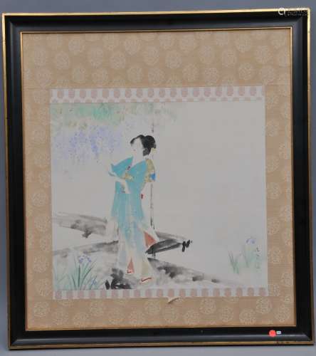 Scroll painting. Japan. Signed Kiyokata for Kaburagi Kiyokota (1887-1972). Bijinga scene of a woman with wisteria and irises. 35