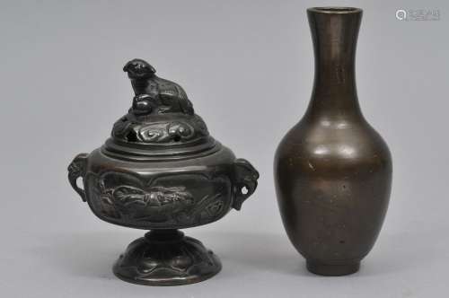 Lot of two bronzes. To include: A small 19th century silver inlaid censer and a 19th century Chinese vase signed Shih So. 4