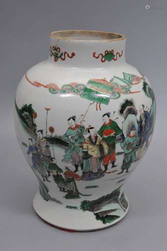 Porcelain baluster jar. China. 19th century. Famille Verte decoration of an historical scene. 15