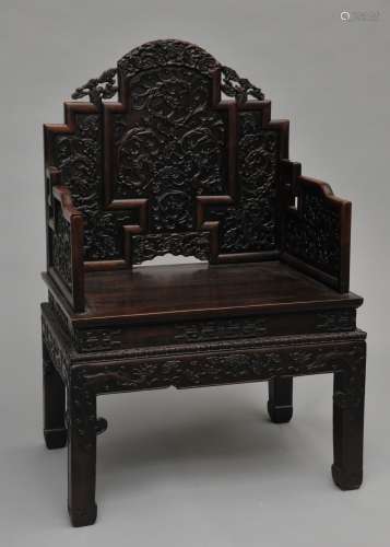 Throne chair. China. 18th/19th century. Rosewood carved in relief with ling chih and chih lung dragons. 26-1/2