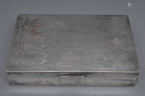 Silver box. China. 19th century. Rectangular form. Surface engraved with a landscape. Inscription dedicated to Ginny McLeary. Signed. 47.8 troy ounces.
