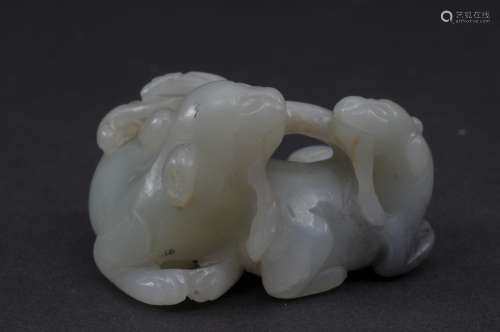 Jade carving. China. 20th century. Grey stone. Pair of rams with Ling Chih. 2