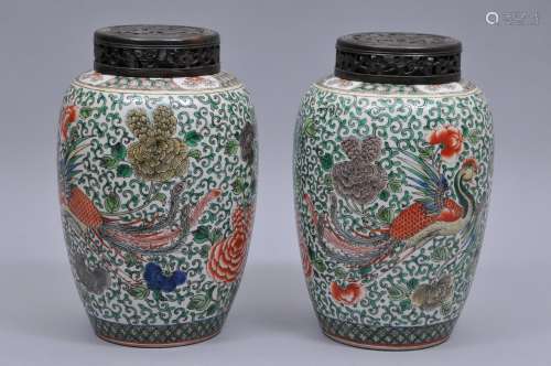 Pair of porcelain jars. China. 19th century. Oviform shape. Wu Tsai decoration of phoenixes and peonies. 12