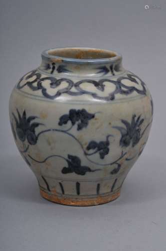 Porcelain jar. China. Ming style. 19th century. Underglaze blue decoration of floral scrolling. 4-1/2