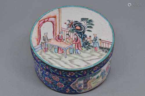 Round enameled box. China. 19th century. Reserves of figures in gardens on a blue ground decorated with Shou characters and floral scrolling.  6