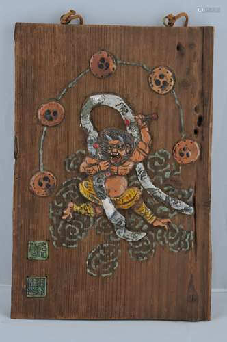 Wooden plaque. Japan. 19th century. Pottery inlay of a