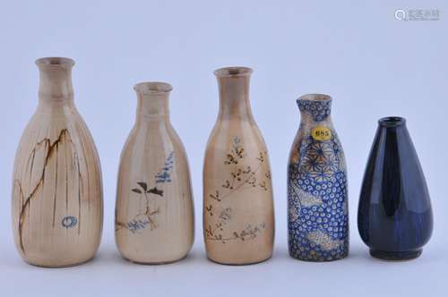 Lot of five sake bottles. Japan. 19th C. Glazed.