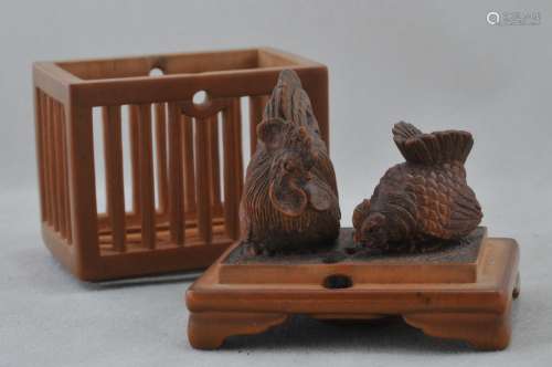 Carved wooden Netsuke. Japan. 19th century. Cage with