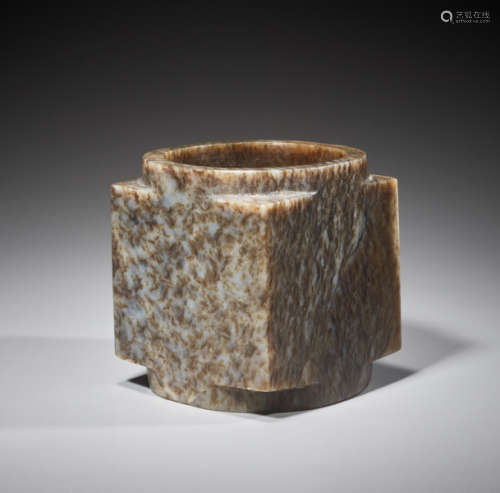 A SUPERB CUBE-SHAPED CONG WITH FINELY POLISHED SIDES CARVED FROM MOTTLED BROWN JADE