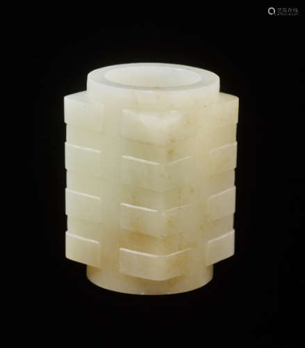 A BEAUTIFUL AND RARE MINIATURE CONG IN RESPLENDENT WHITE JADE DECORATED WITH REGULAR, WELL-CARVED BANDS ON THE CORNERS