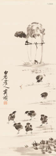 AN INK DRAWING ‘WHITE CABBAGE AND CHICKS’, QI BAISHI (1864 – 1957)