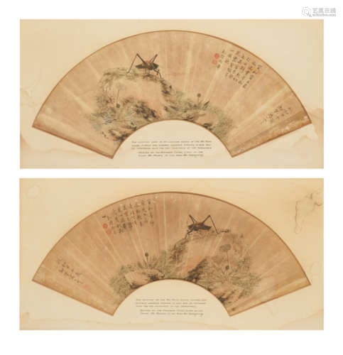 A PAIR OF FINE FAN PAINTINGS WITH GRASSHOPPERS