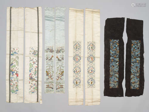 FOUR PAIRS OF CHINESE SILK SLEEVE BANDS, BA XIAN EIGHT IMMORTALS, QING DYNASTY