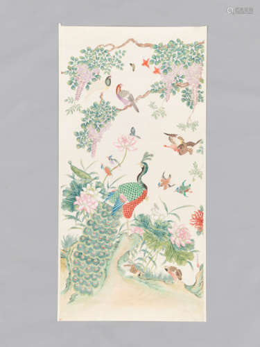A LARGE PAINTING WITH PEACOCK, QU ZHAOLIN (1866-1937)