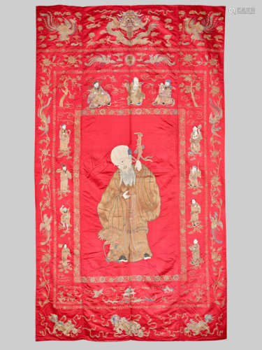 A VERY LARGE SILK EMBROIDERY WALL-HANGING WITH SHOULAO, LONG ZHANG FENG GAO SEAL MARK, QING
