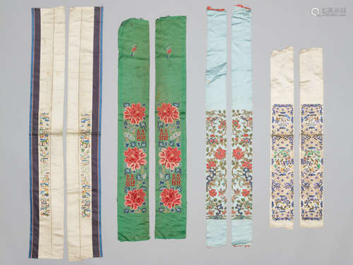 FOUR PAIRS OF CHINESE SILK SLEEVE BANDS, QING DYNASTY