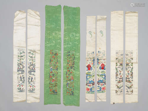 FOUR PAIRS OF CHINESE SILK SLEEVE BANDS WITH COURT SCENES, QING DYNASTY