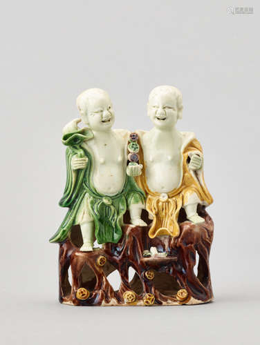 A FAMILLE VERTE HEHE ERXIAN BISCUIT PORCELAIN GROUP, KANGXI