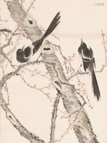 A PAINTING WITH MAGPIES AND PLUM BLOSSOMS, BY LUO ANXIAN (1831-unknown)