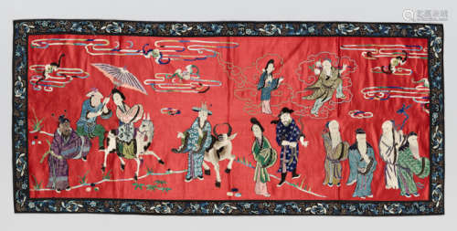 A COLORFUL SILK EMBROIDERY WITH LUCKY GODS, BAXIAN, 1920s