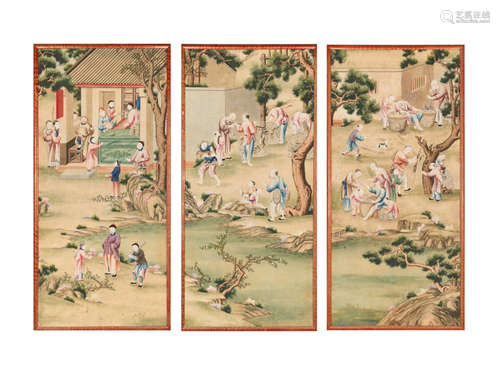 A LARGE ‘PALACE’ PAINTING TRIPTYCH WITH VILLAGE AND MARKET SCENE