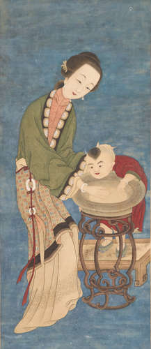 A LARGE PAINTING DEPICTING A MEIREN WITH BOY, QING DYNASTY