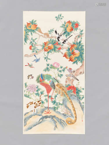 A LARGE PAINTING WITH GOLDEN PHEASANT  & CAT, QU ZHAOLIN (1866-1937)