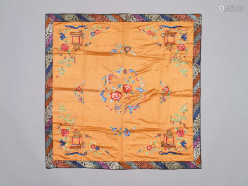 AN ORANGE SILK EMBROIDERY WITH COLORFUL ROUNDEL, REPUBLICAN PERIOD