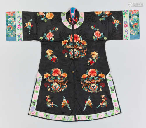 A BLACK SILK LADY’S ROBE WITH FLOWERS AND BUTTERFLIES, REPUBLICAN PERIOD