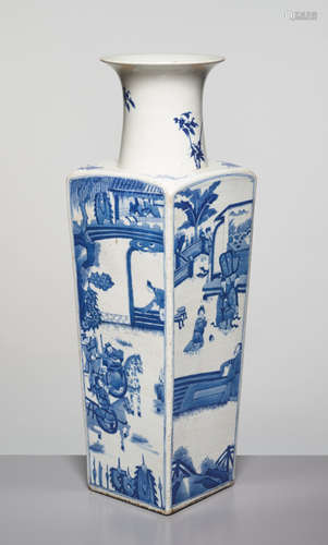 A BLUE AND WHITE SQUARE VASE WITH GENRE SCENES, KANGXI