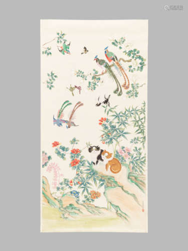 A LARGE PAINTING WITH CAT COUPLE, QU ZHAOLIN (1866-1937)