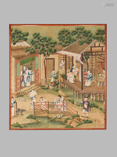 A LARGE ‘PALACE’ PAINTING WITH GARDEN SCENE AND DEPICTION OF SILK PRODUCTION