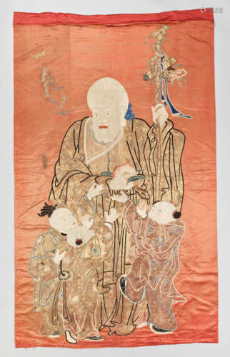 A LARGE SILK EMBROIDERY WALL-HANGING WITH SHOULAO, QING DYNASTY