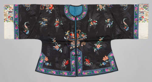 A BLACK SILK WAITAO LADY’S JACKET WITH FLORAL EMBROIDERY, REPUBLICAN PERIOD