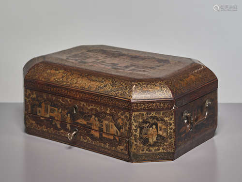 A CANTON LACQUER SEWING BOX, QING DYNASTY