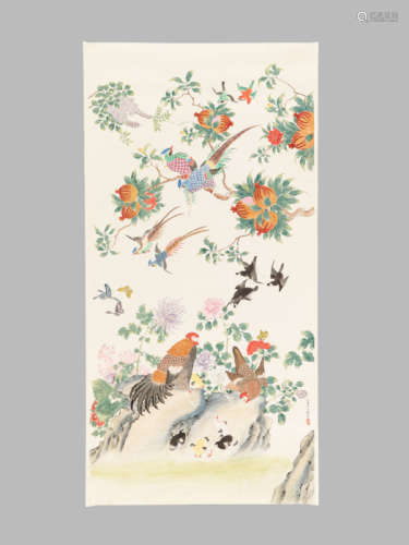 A LARGE PAINTING WITH CHICKEN FAMILY, QU ZHAOLIN (1866-1937)
