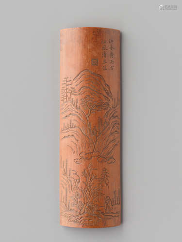 A SIGNED AND INSCRIBED BAMBOO ARMREST, QING DYNASTY