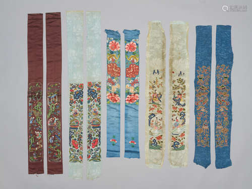 FIVE PAIRS OF CHINESE SILK SLEEVE BANDS, QING DYNASTY