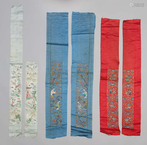 THREE PAIRS OF CHINESE SILK SLEEVE BANDS, COURT SCENES, QING DYNASTY