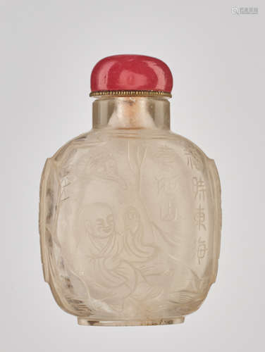 AN INSCRIBED  ROCK CRYSTAL ‘LIU HAI’ SNUFF BOTTLE, MID QING DYNASTY