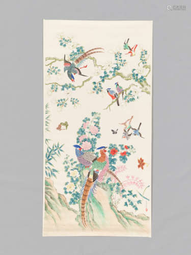 A LARGE PAINTING WITH PHEASANT COUPLE, QU ZHAOLIN (1866-1937)