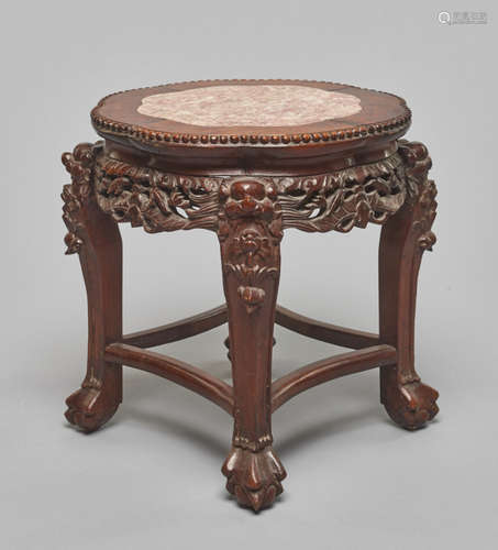 A YU MU ELMWOOD LOW SIDE TABLE WITH A MARBLE TABLETOP, QING DYNASTY