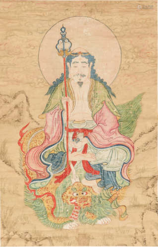 A PAINTING DEPICTING A LUOHAN ON A FO-DOG