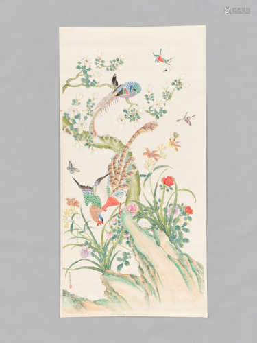 A LARGE PAINTING WITH GOLDEN PHEASANT COUPLE , QU ZHAOLIN (1866-1937)