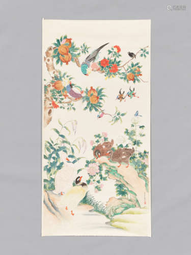 A LARGE PAINTING WITH GEESE & PARROTS, QU ZHAOLIN (1866-1937)