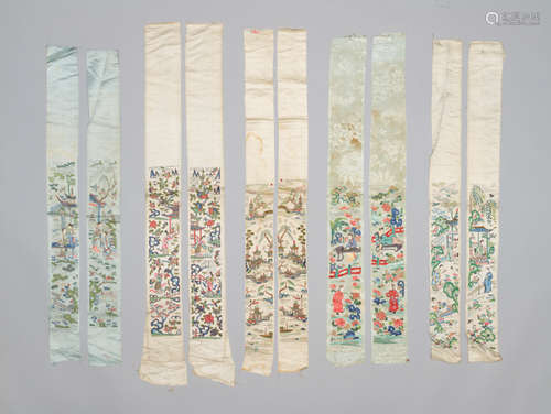 FIVE PAIRS OF CHINESE SILK SLEEVE BANDS WITH COURT SCENES, QING DYNASTY